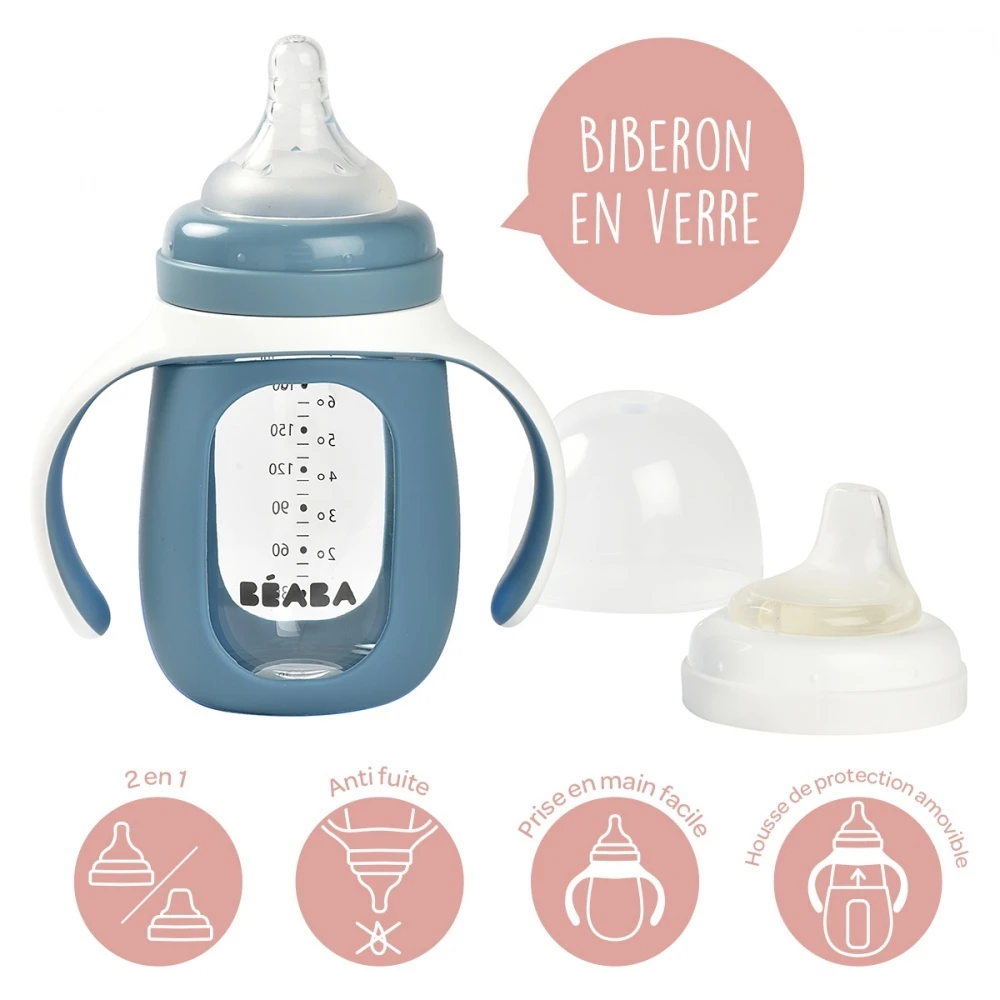 Beaba Biberon Verre D'apprentissage 2 En 1 210 Ml + Housse Silicone - Windy Blue – Image 2