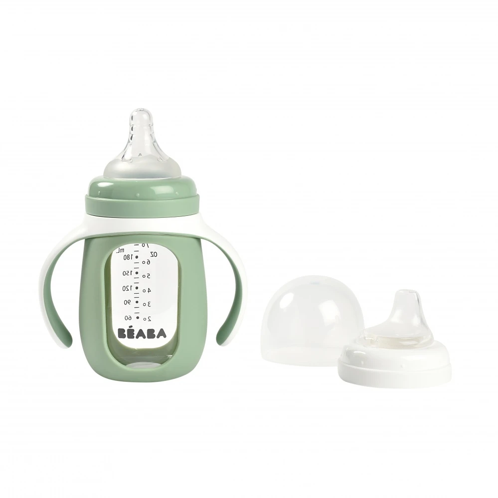 Beaba Biberon D'apprentissage En Verre 2 En 1 - 210 Ml - Vert Sauge