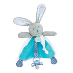 Doudou Attache Sucette Lapin Poupi Bleu