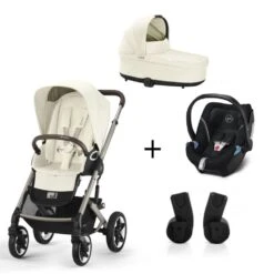 CYBEX Pack Trio Poussette Talos S Lux - Chassis Taupe + Nacelle Cot S + Aton 5 Noir + Adaptateurs - Seashell Beige