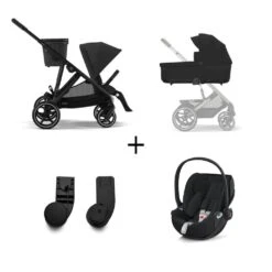 CYBEX Pack Trio Poussette Double Gazelle S - Chassis Noir + Nacelle Gazelle + Cloudz2 + 2 Lots Adaptateurs - Moon Black