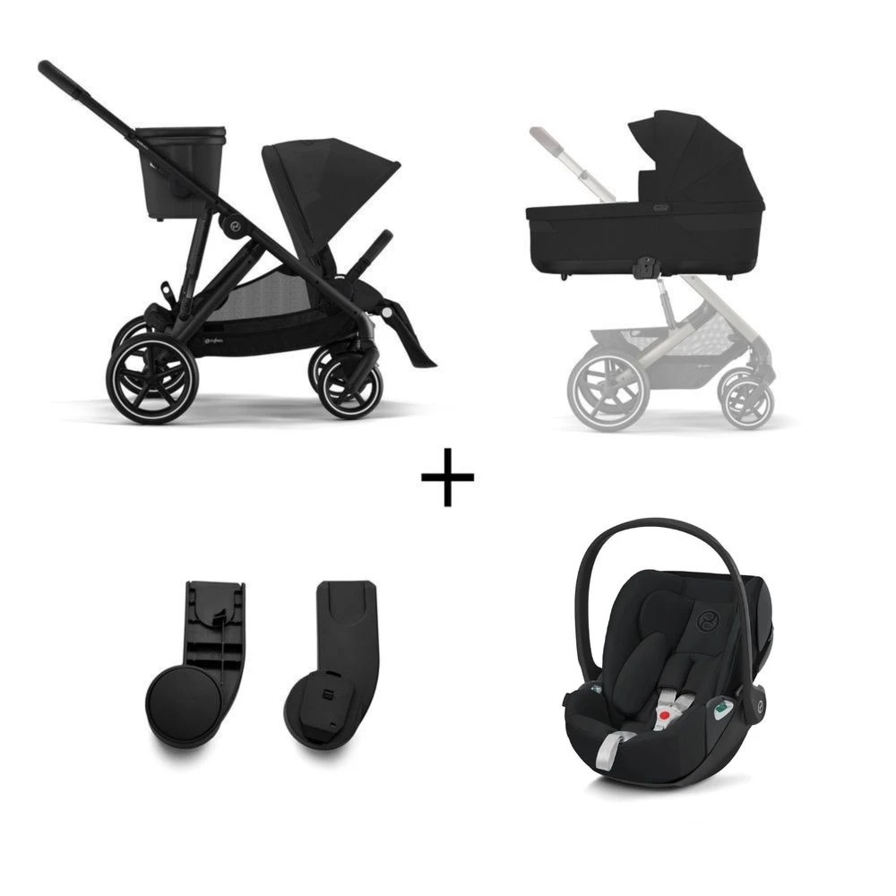 CYBEX Pack Trio Poussette Double Gazelle S - Chassis Noir + Nacelle Gazelle + Cloudz2 + 2 Lots Adaptateurs - Moon Black
