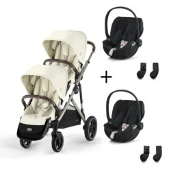 CYBEX Pack Jumeaux Poussette Double Gazelle S - Châssis Taupe + Siège + 2 Aton 5 + 2 Lots D'adaptateurs - Seashell Beige