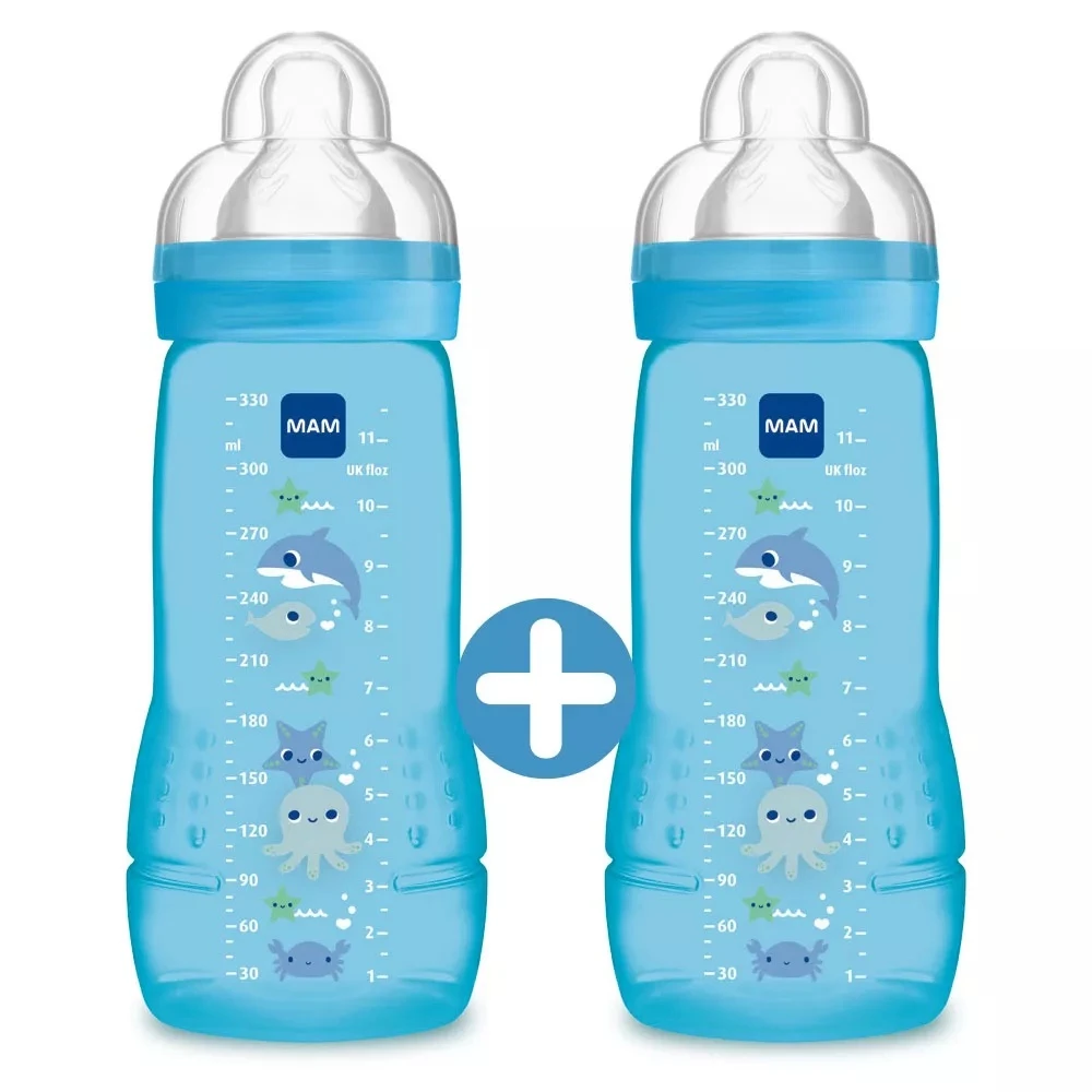 MAM Lot De 2 Biberons Easy Active 330 Ml Bleu Tétine Débit X