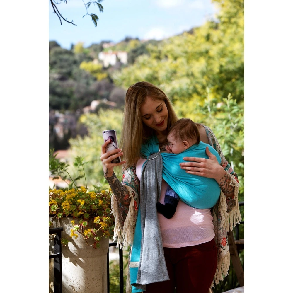 Echarpe De Portage Sans Nœud - Gris Chiné, Bleu Canard (réversible) – Image 6