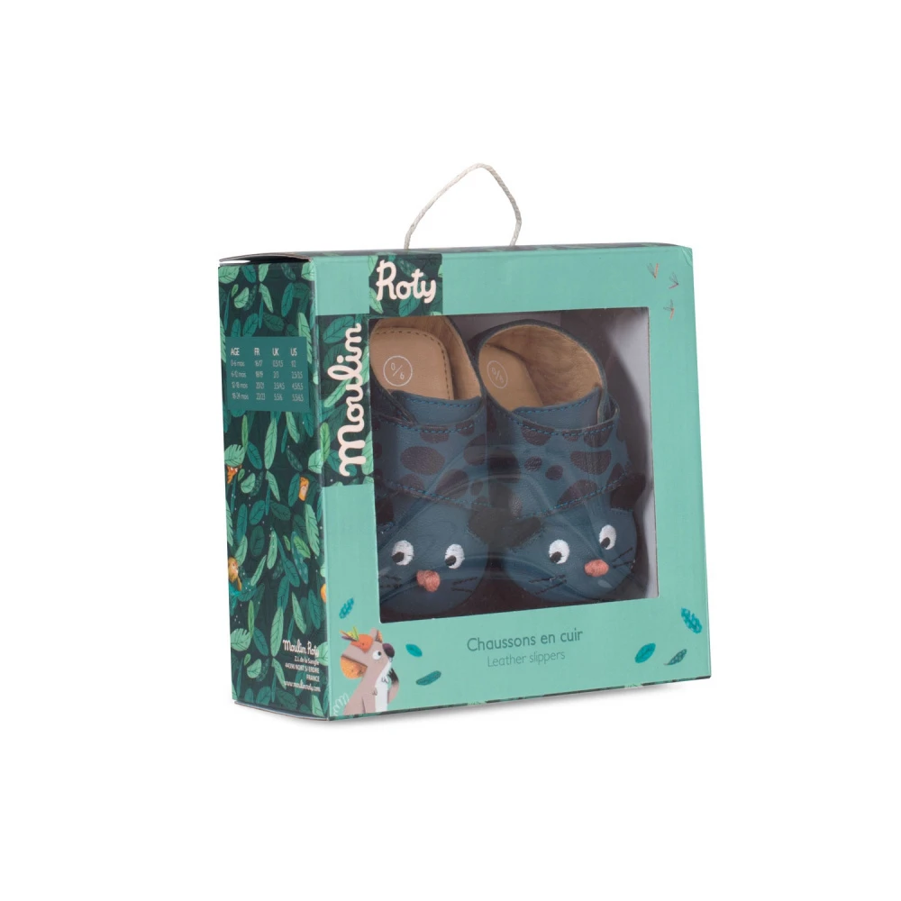Moulin Roty Chaussons Cuir Bébé 6-12 Mois Bleu Dans La Jungle – Image 2
