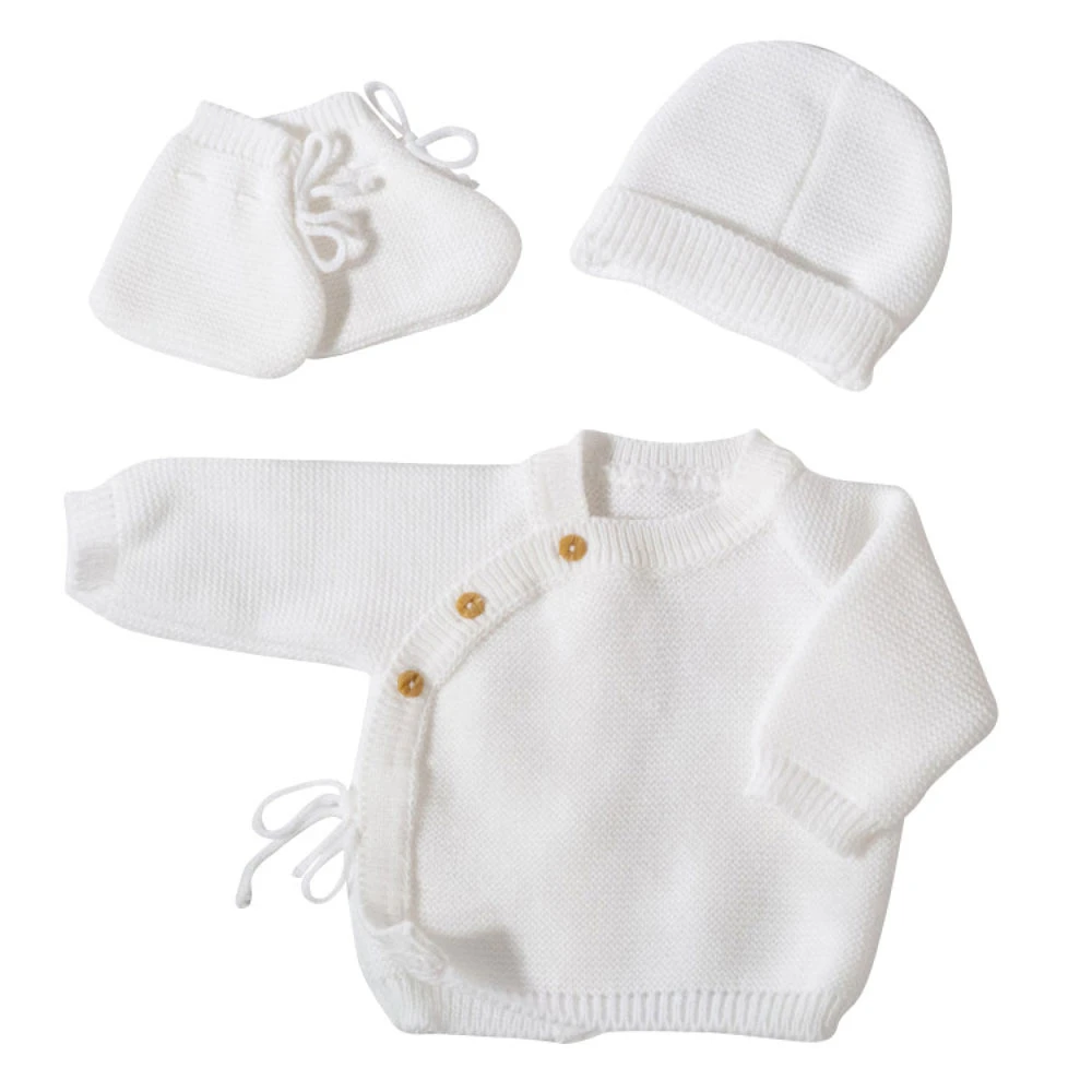 Kit Naissance Bébé Brassière, Bonnet Et Chaussons - Blanc