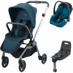 Recaro Pack Poussette Duo Sadena Alu + Assise Et Siège Auto Avan Teal Green + Base