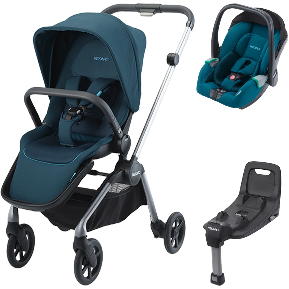 Recaro Pack Poussette Duo Sadena Alu + Assise Et Siège Auto Avan Teal Green + Base