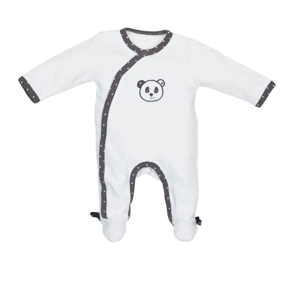 Pyjama Bébé Velours Blanc Panda Chao Chao Naissance Ouverture Côté