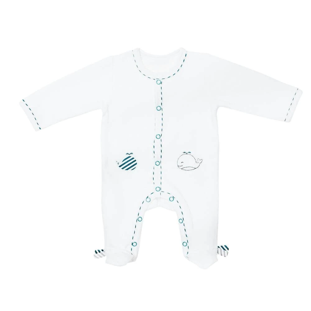 Pyjama Bébé Velours Blanc 1 Mois Ouverture Devant Blue Baleine