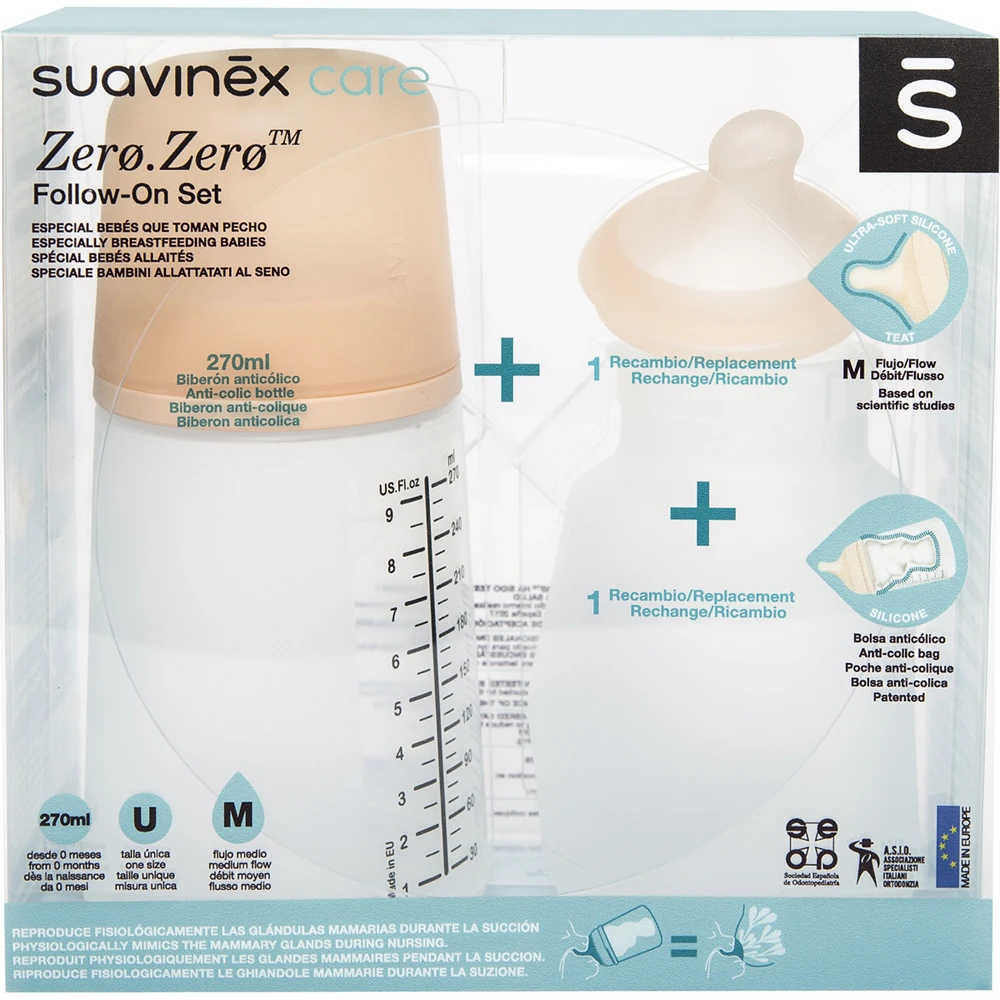 Suavinex Pack Biberon Zéro Zéro 270 Ml Débit Moyen + Tétine + Poche Silicone – Image 2